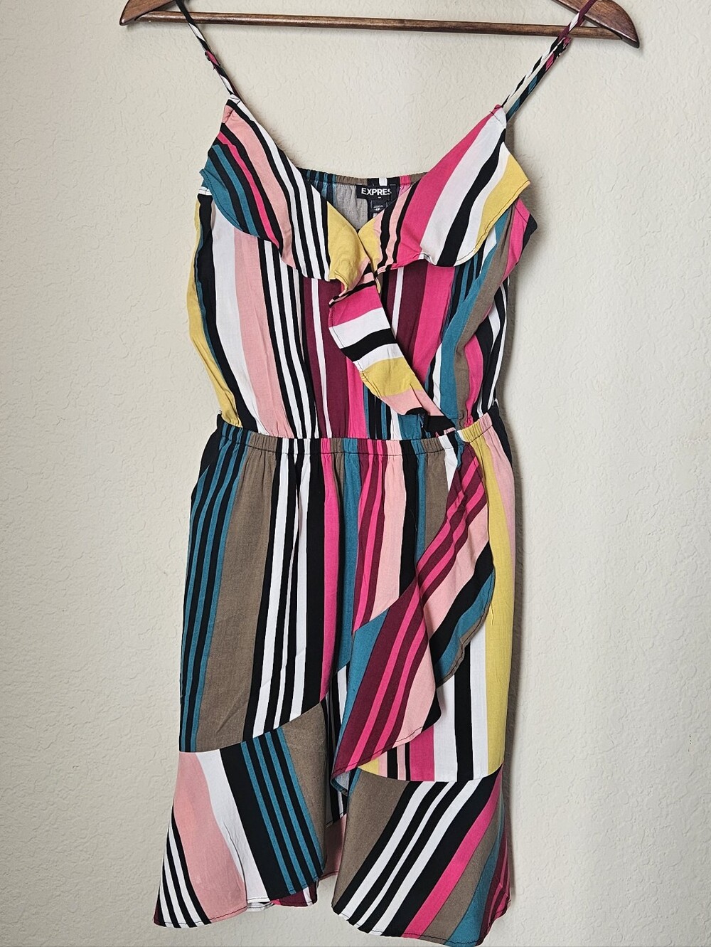 Express Ruffle Front Wrap Mini Dress Womens XS Multicolor Stripe Y2K Resortwear